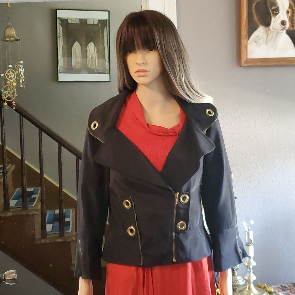 Yoanna Baraschi Black Gold Grommet Short Moto Jacket Size 12 Biker Rockabilly